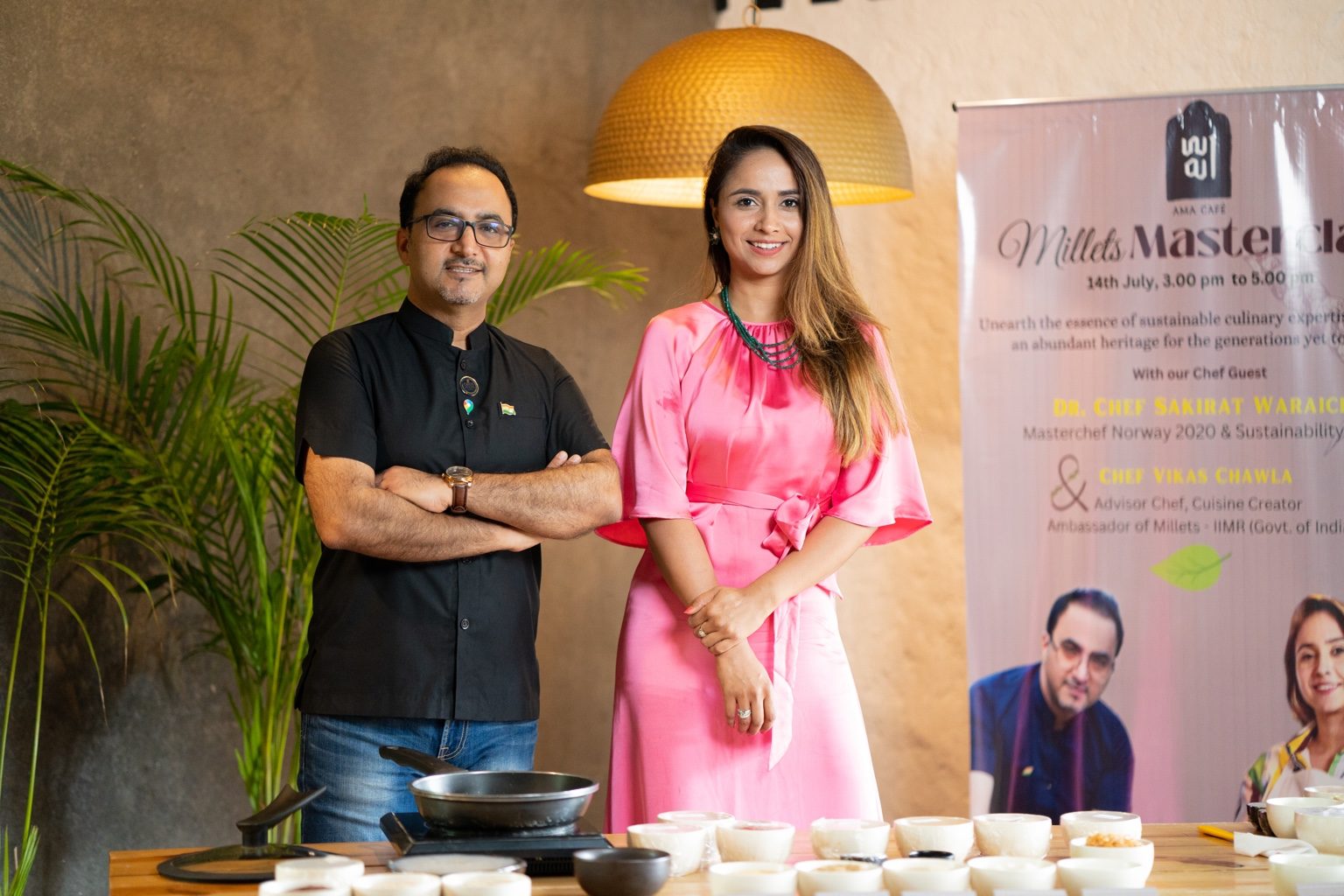 Sakirat Waraich at a Millets Masterclass event alongside collaborator chef Vikas Chawla.