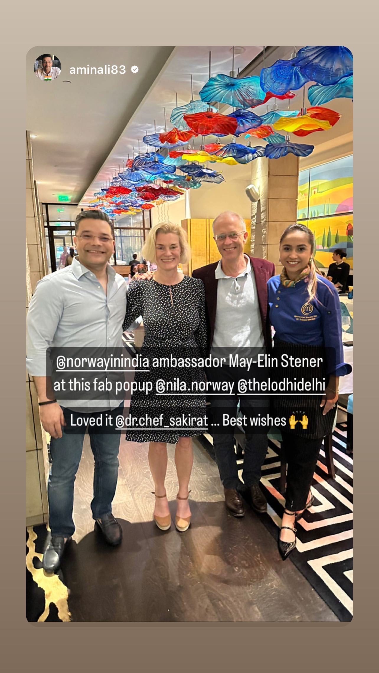Instagram story screenshot from The Lodhi New Delhi pop-up with Sakirat Waraich and the Norway-in-India ambassador.
